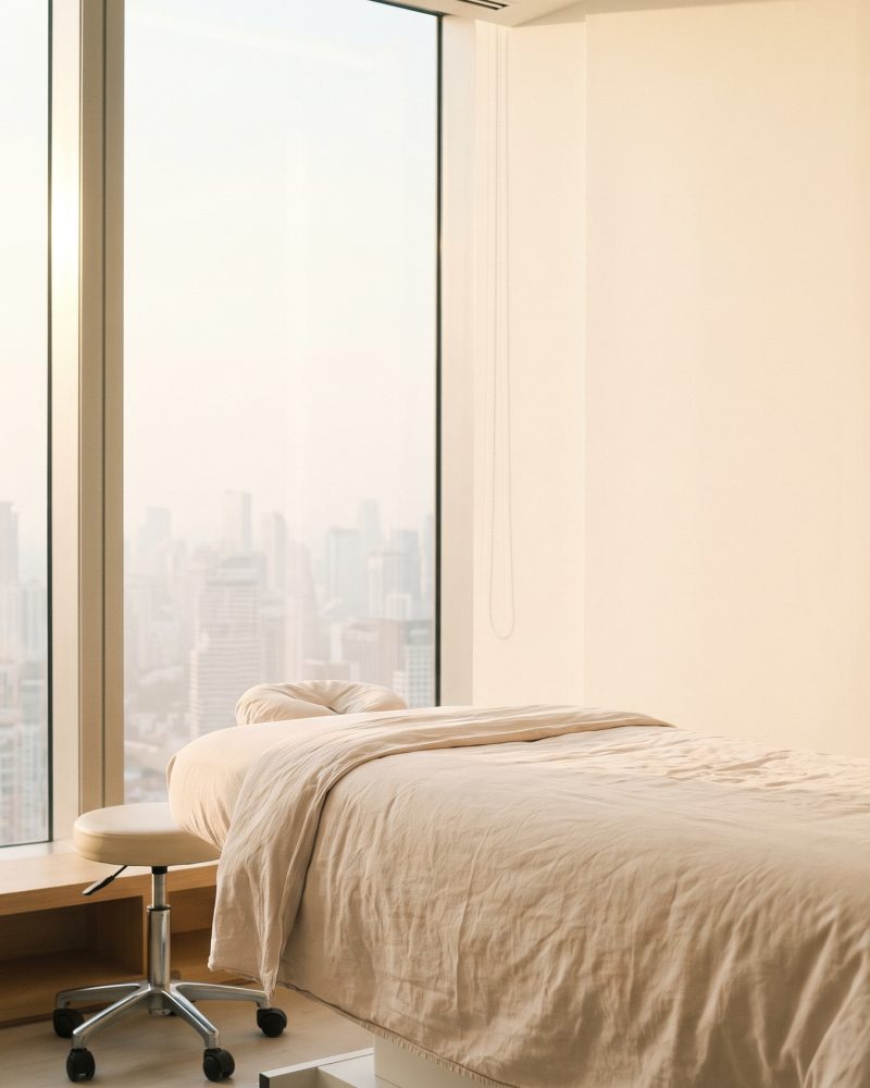 The Hong Kong treatment room, high above the city with daylight from one tall window.
