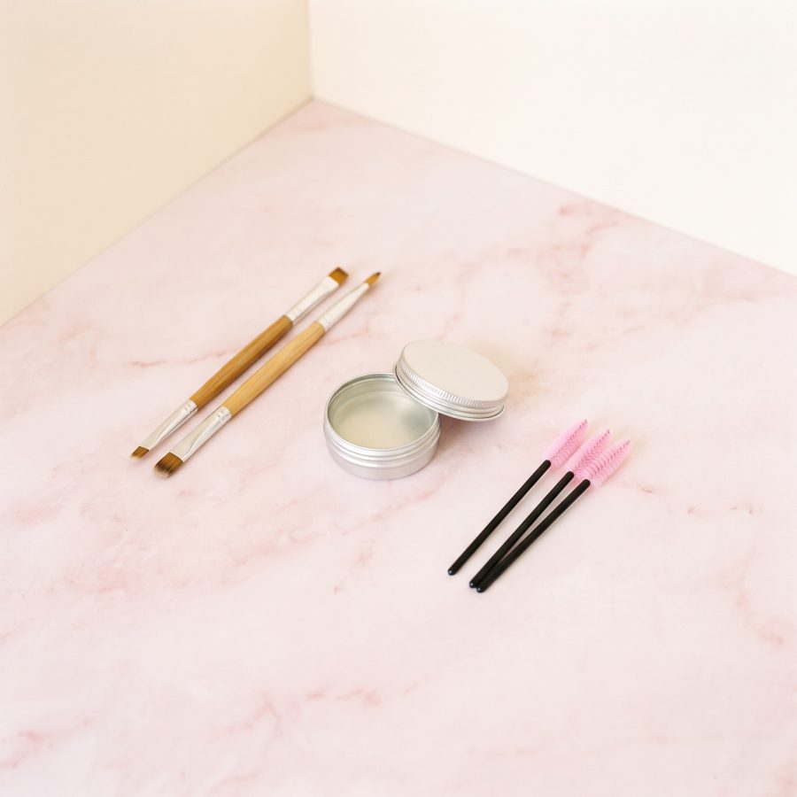 Lash lifting tools laid out on a cloth.