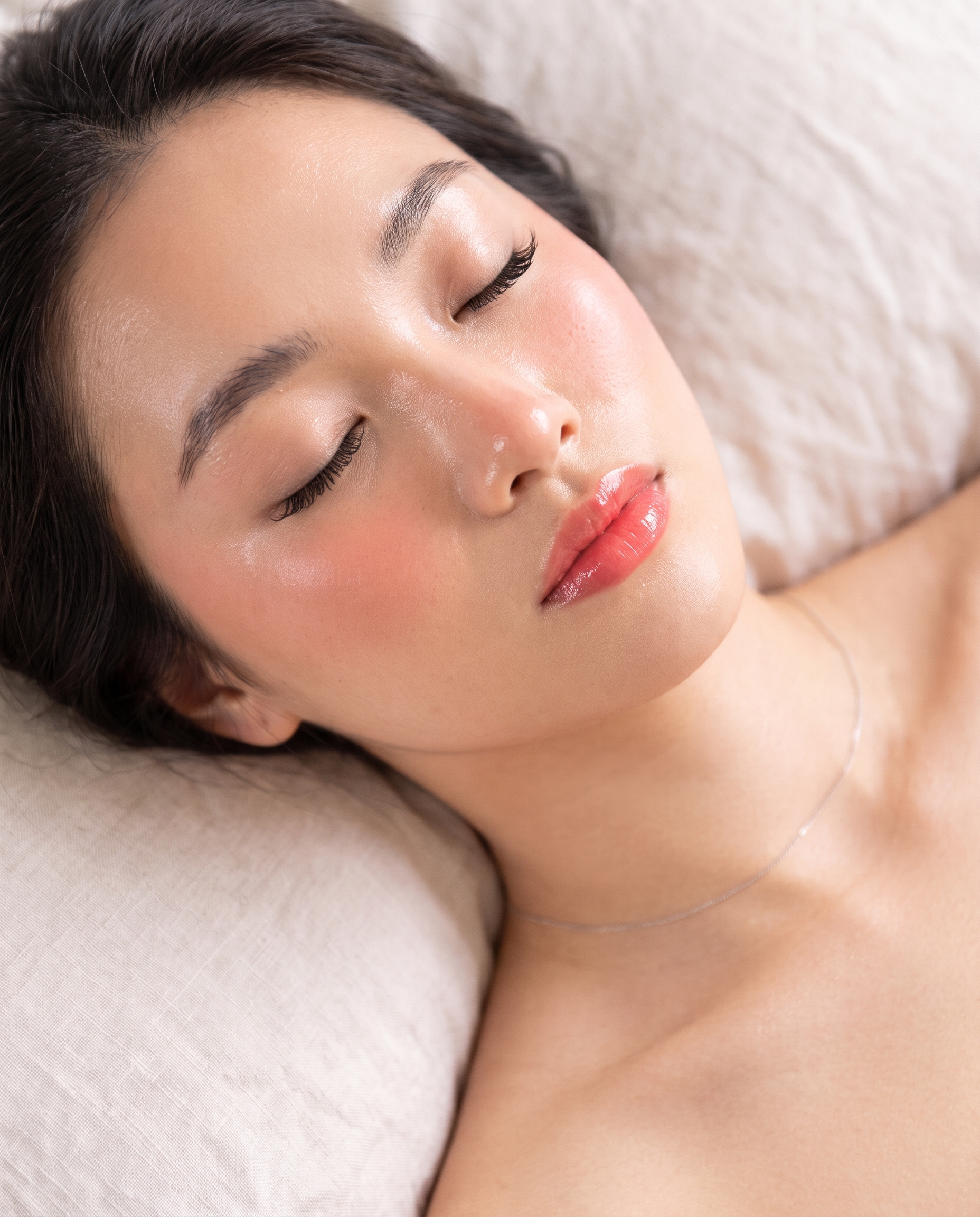 A client mid-facial, eyes closed, a therapist’s hands at the cheekbone.