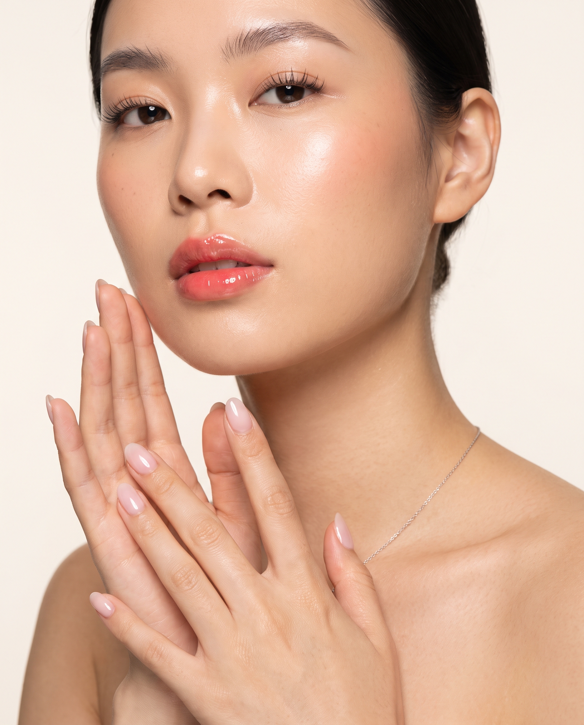 A hand resting near the jaw with a natural Builder Gel manicure.